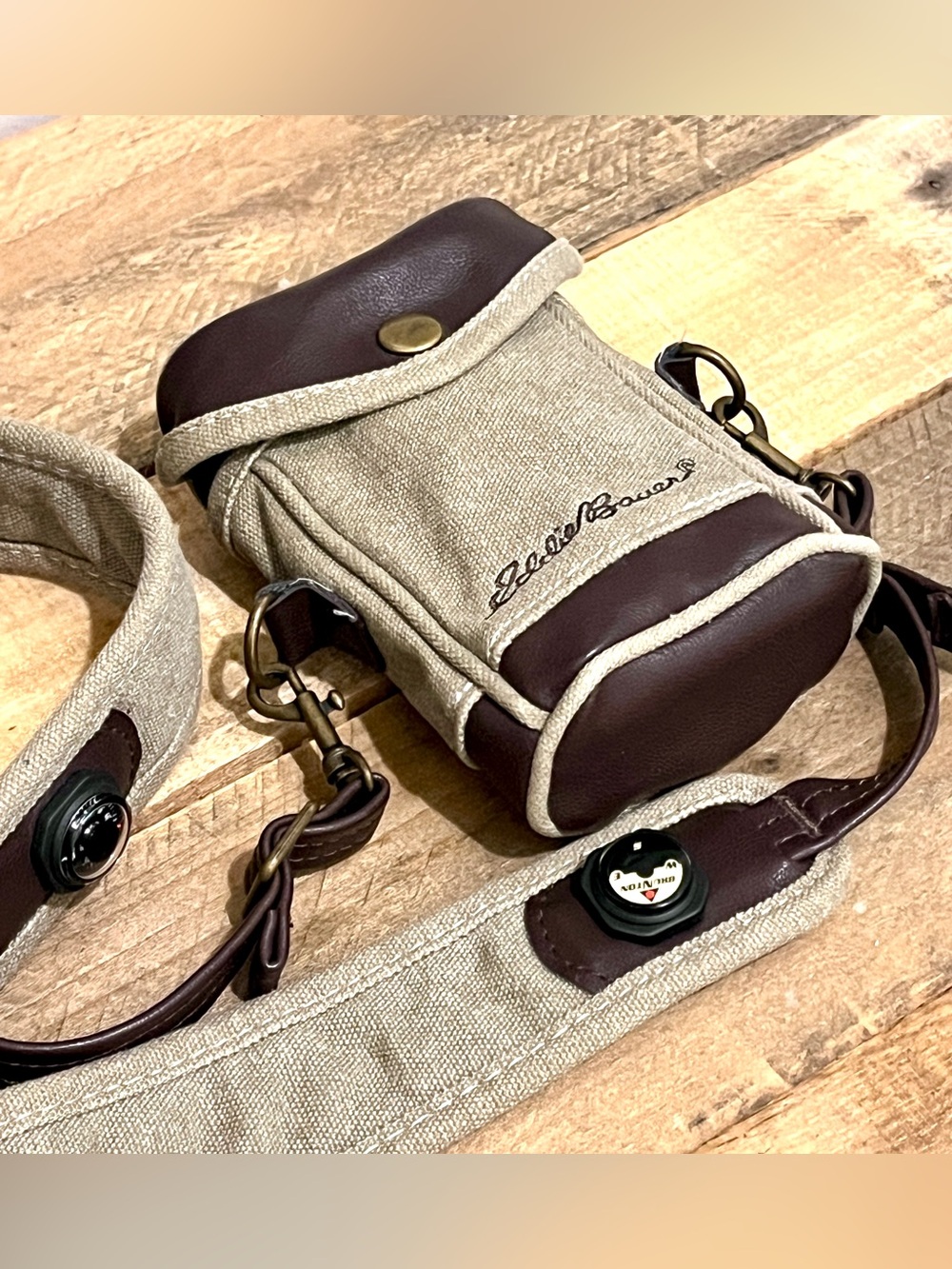 Eddie Bauer Canvas Leather Small Crossbody Camera Bag Compass/Temperature Gauges